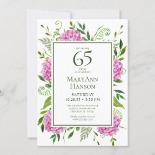 Carte de demande d'hortensias roses pour 65e anniv