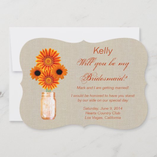 Carte de demoiselle d'honneur en pot Mason orange  (Devant)
