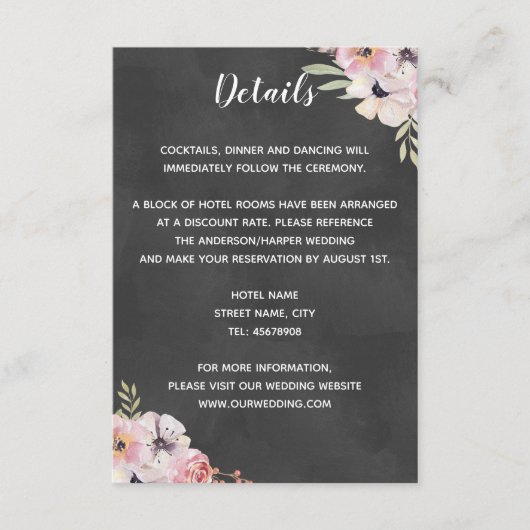 Carte de détail de mariage Boho Floral Chalkboard (Devant)