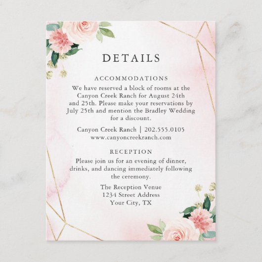 Carte de détails de l'invité géométrique rose & or (Devant)