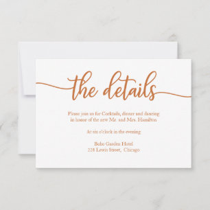 Carte de détails de mariage à calligraphie cuivrée