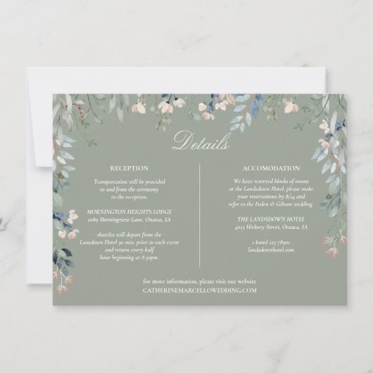 Carte de détails de mariage à cascade florale vert (Devant)