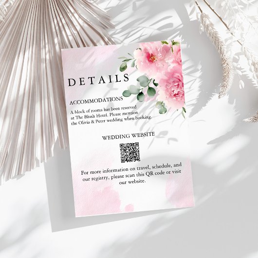 Carte de détails de mariage à fleurs rose blush ro