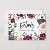 Carte de détails de mariage à fleurs rose, bordeau (Devant)
