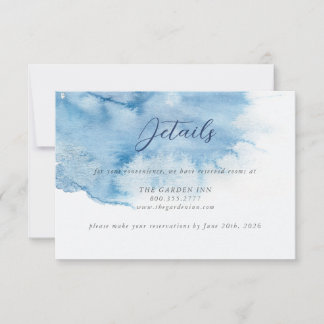 Carte de détails de mariage à l'aquarelle bleu pou