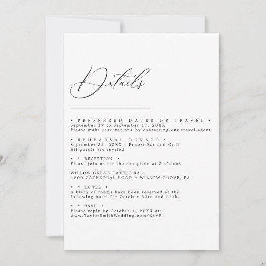 Carte de détails de mariage à l'écriture minimalis (Devant)
