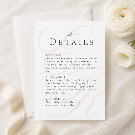 Carte de détails de mariage à monogramme minimalis