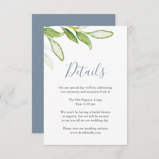 Carte de détails de mariage avec feuilles aquarell (Devant / Derrière)