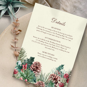 Carte de détails de mariage avec verdure hivernale