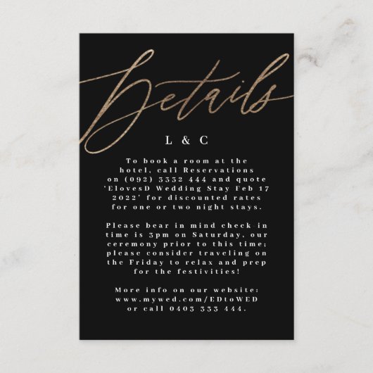 Carte de détails de Mariage Black Elegant Simple G (Devant)