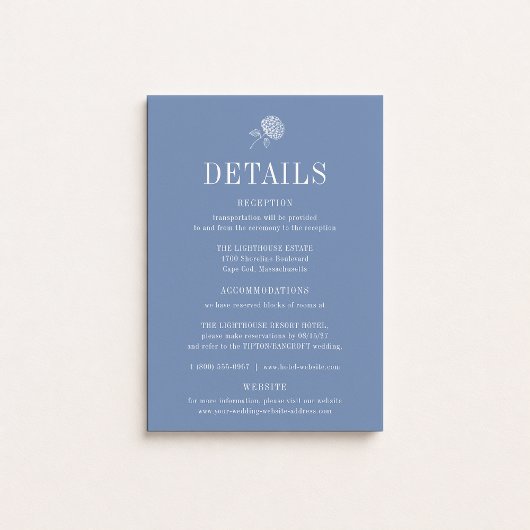 Carte de détails de mariage bleu floral HYDRANGEA