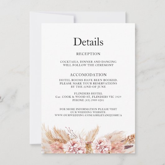 Carte de détails de mariage bohème florale rose Pa (Devant)