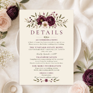 Carte de détails de mariage botanique au prune élé