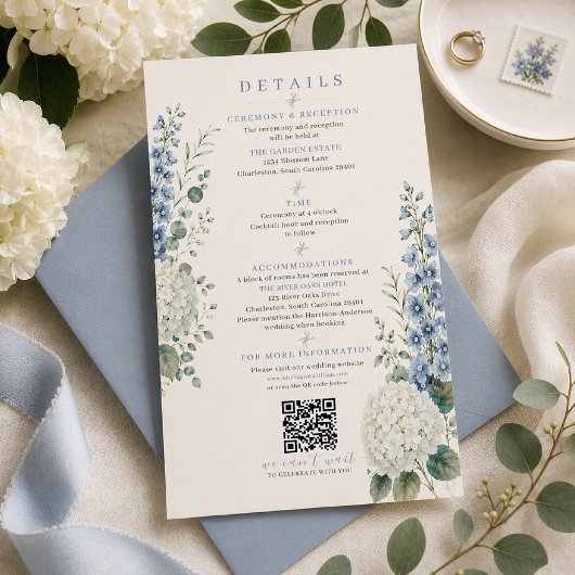 Carte de détails de mariage botanique bleu doux