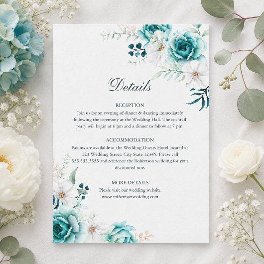 Carte de détails de mariage botanique sarcelle