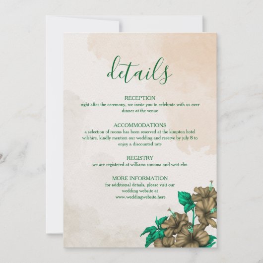 Carte de détails de mariage botanique vert (Devant)
