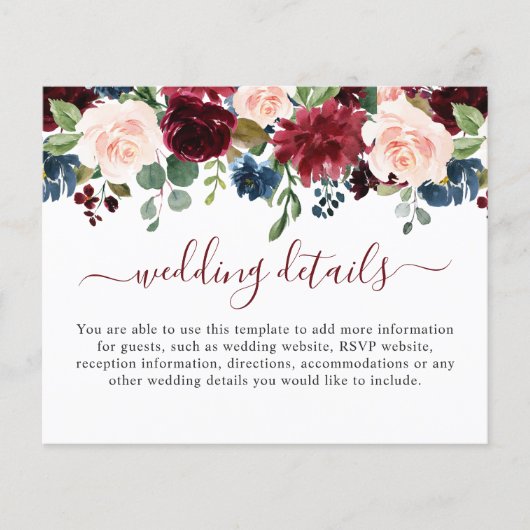 Carte de détails de mariage Burgundy Blue Blush (Devant)