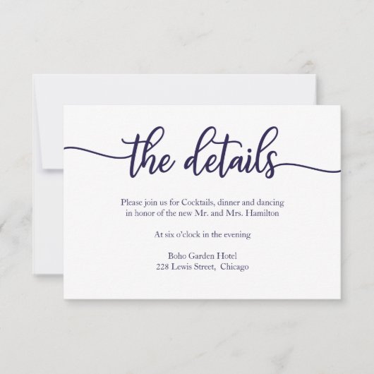 Carte de détails de mariage calligraphiée bleu mar (Devant)