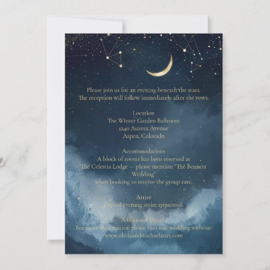 Carte de détails de mariage céleste | Étoiles doré (Devant)