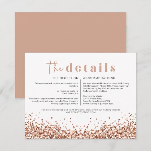 Carte de détails de mariage disco or rose REGINA (Devant / Derrière)