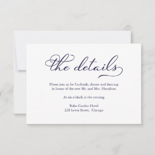 Carte de détails de mariage élégante à l'encre ble