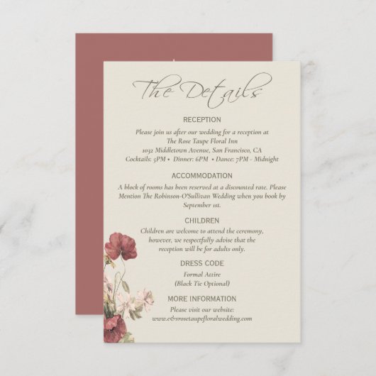 Carte de détails de mariage élégante aux fleurs de (Devant / Derrière)
