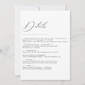Carte de détails de mariage élégante et minimalist