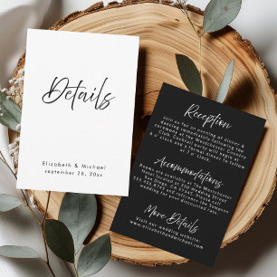 Carte de détails de mariage élégante noir et blanc