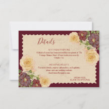 Carte de détails de mariage élégante vintage burgu