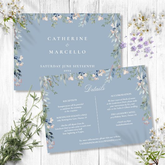 Carte de détails de mariage en cascade florale ble