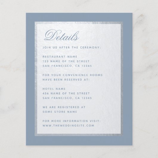 Carte de détails de mariage en faux argent et bleu (Devant)