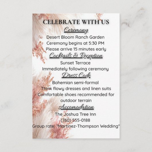 Carte de détails de mariage en herbe de la pampa b (Devant)