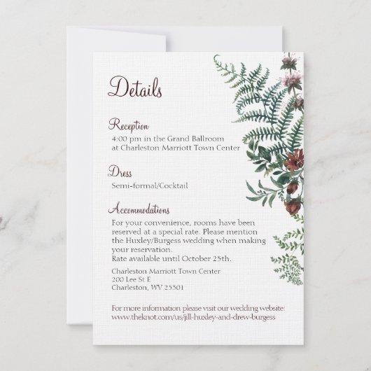 Carte de détails de mariage floral d'automne (Devant)