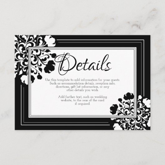 Carte de détails de Mariage Floral noir et blanc (Devant)