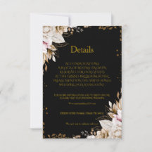 Carte de détails de mariage floral noir et or élég