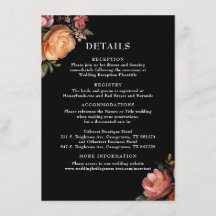 Carte de détails de mariage floral noir humeur