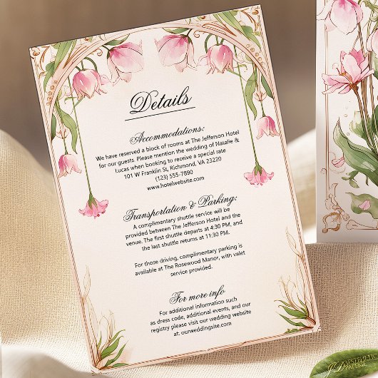 Carte de détails de Mariage floral rose et or