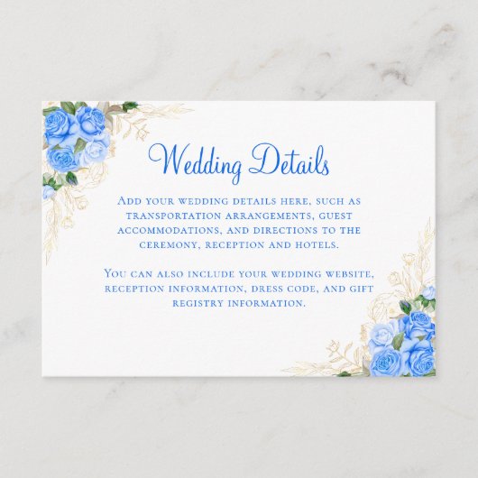 Carte de détails de mariage floral Roses bleues Or (Devant)