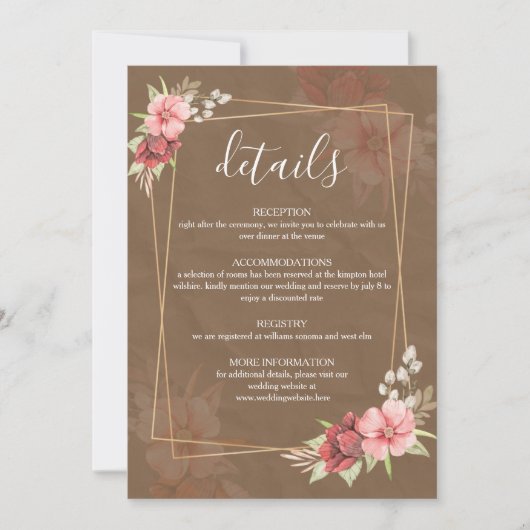 Carte de détails de mariage floral rustique (Devant)