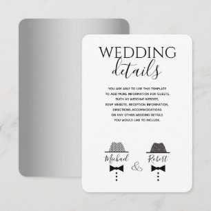 Carte de détails de mariage gay noir et blanc mode