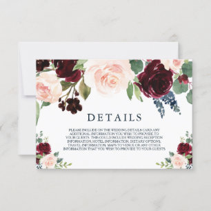 Carte de détails de mariage moderne bordeaux rouge