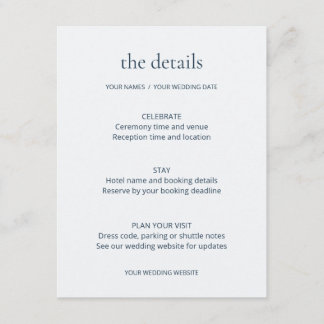 Carte de détails de mariage modifiable 'Blue Hour'