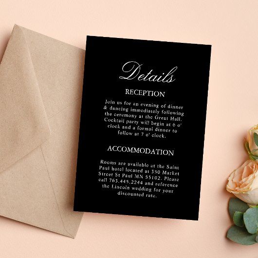 Carte de détails de mariage Noir & Blanc