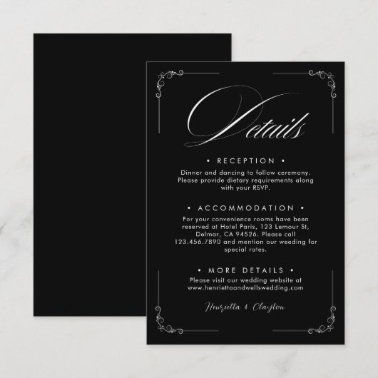 Carte de détails de mariage noir 'Élégance Intempo (Devant / Derrière)
