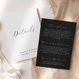 Carte de détails de mariage noir et blanc à script