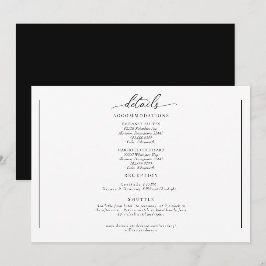 Carte de détails de mariage noir et blanc Classis (Devant / Derrière)