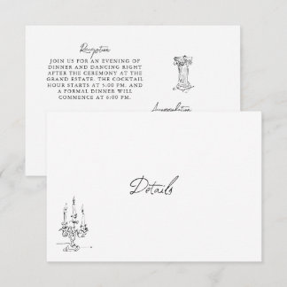 Carte de détails de mariage noir et blanc dessinée