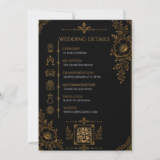 Carte de détails de mariage noir et or de luxe