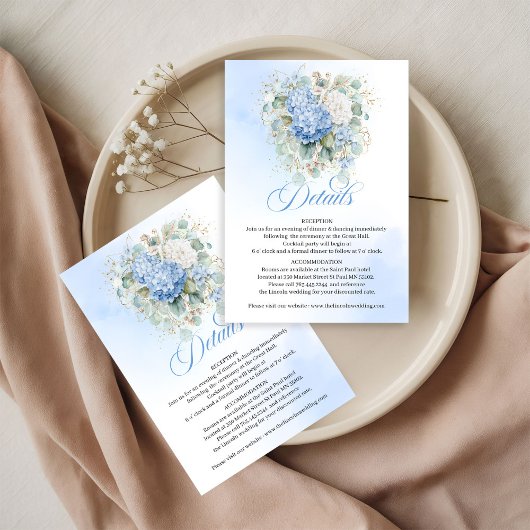 Carte de détails de mariage or hydrangea bleu élég