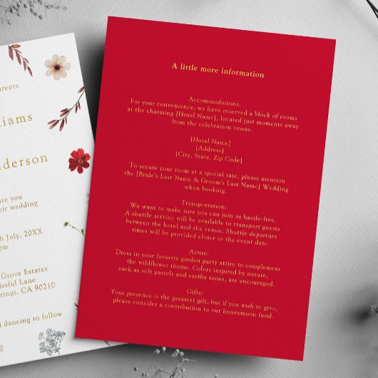 Carte de détails de mariage Red Gold
